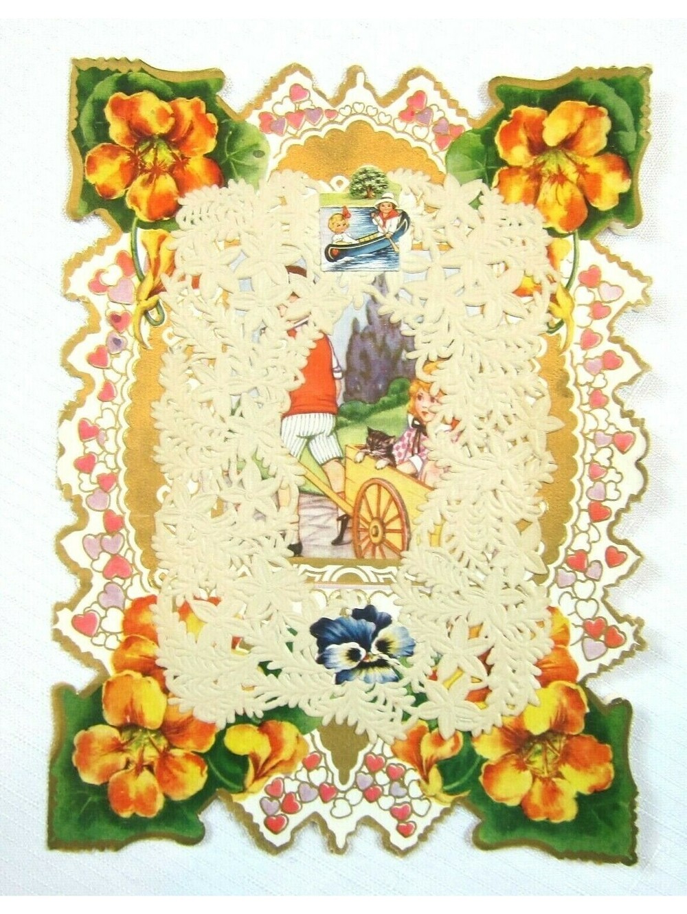 Vintage Valentine 1920s Die Cut Paper Lace XL Boy Wheelbarrow Girl & Cat Fishing